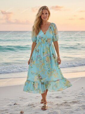 Vineyard Vines Mimosa Floral Aqua Maxi Dress, Beach & Wedding Ready Sizes S-XXL
